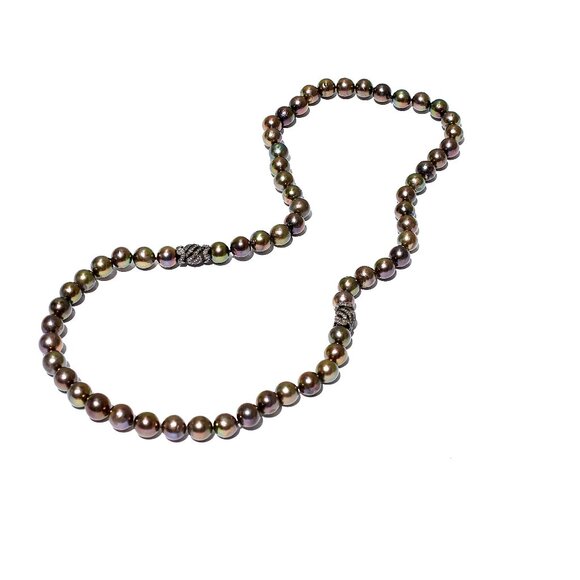 925 Sterling Silver & Diamond Brown Tahitian Pearl Necklace 32" - Picture 3 of 10